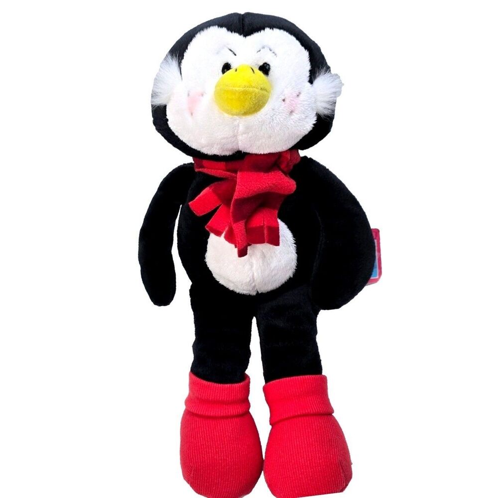 Vtg Russ Berrie Penguin Plush 8" Black White Red Scarf Christmas Winter Friends